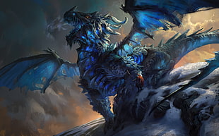 blue and black dragon digital wallpaper, artwork, dragon