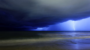 photo of storm near seashore, nature, landscape, storm, lightning HD wallpaper