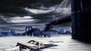 white and black boat on body of water painting, artwork, apocalyptic, destruction, city