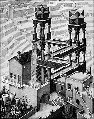 grayscale photo of building, loop, M. C. Escher, optical illusion, lithograph