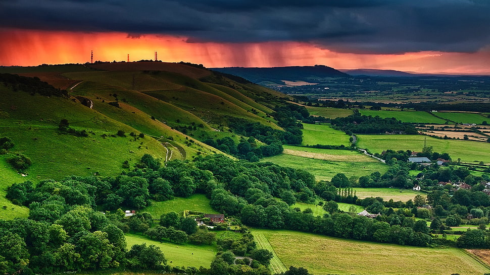 green terrain wallpaper, landscape, field, sky, clouds HD wallpaper