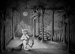 man wearing animal costume painting, Where the Wild Things Are, forest, books
