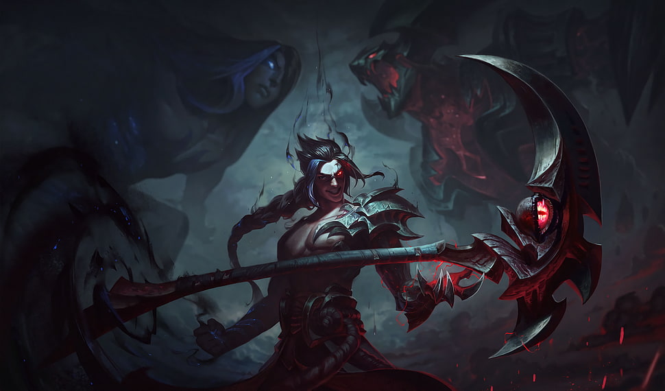 man with scythe weapon graphic poster, Kayn (League of Legends), fantasy weapon, League of Legends, Summoner's Rift HD wallpaper