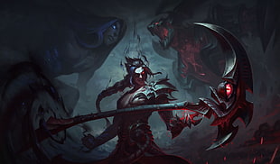 man with scythe weapon graphic poster, Kayn (League of Legends), fantasy weapon, League of Legends, Summoner's Rift