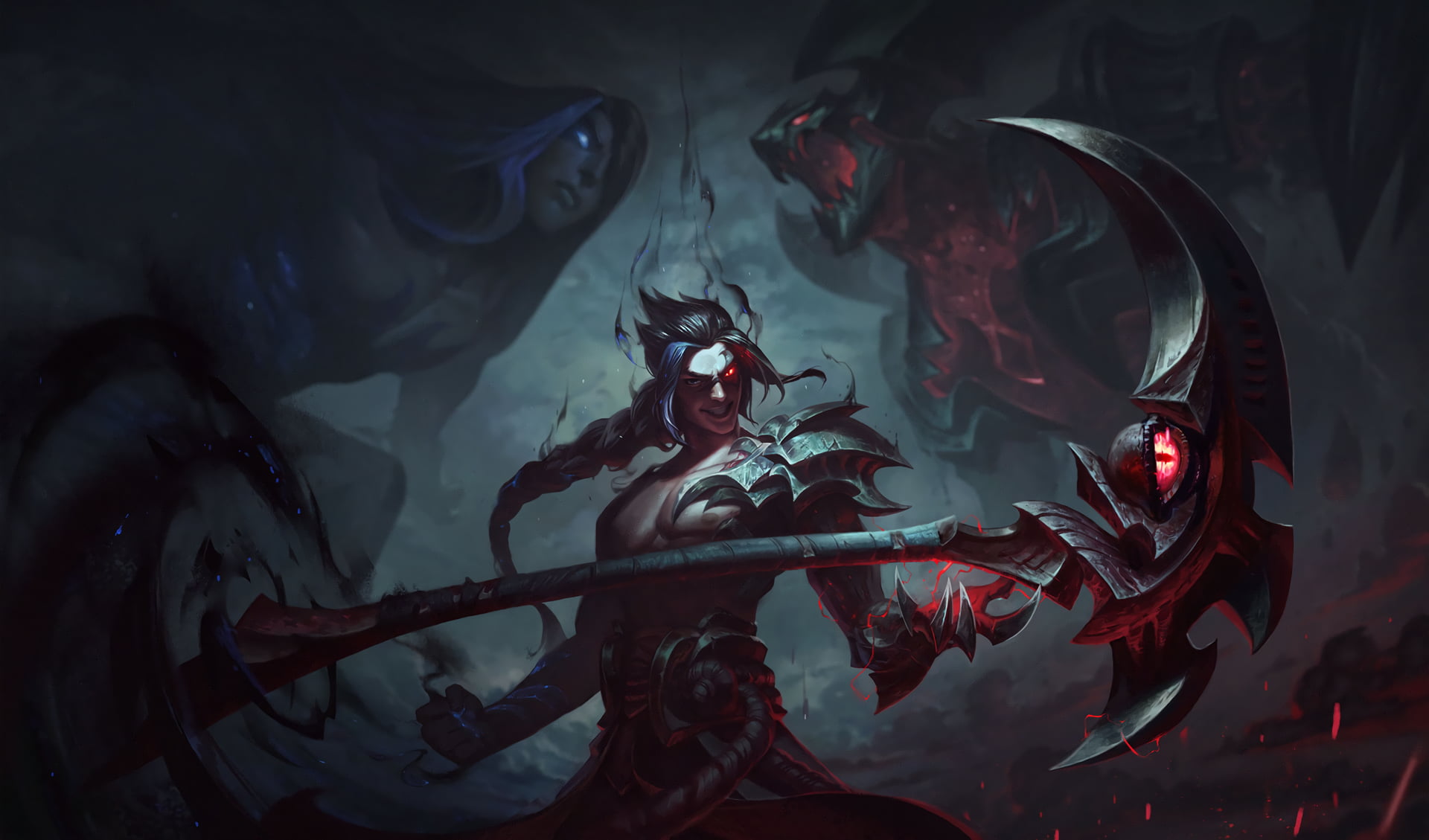 man with scythe weapon graphic poster, Kayn (League of Legends), fantasy weapon, League of Legends, Summoner's Rift