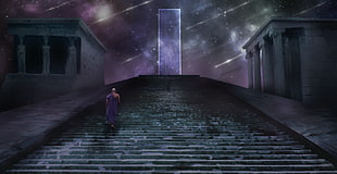 man standing on stair, landscape, environment, concept art, path HD wallpaper
