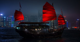 brown ship with red sails, architecture, building, cityscape, Hong Kong