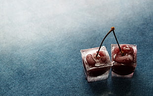 two frozen red cherries, ice cubes, fruit, cherries (food) HD wallpaper