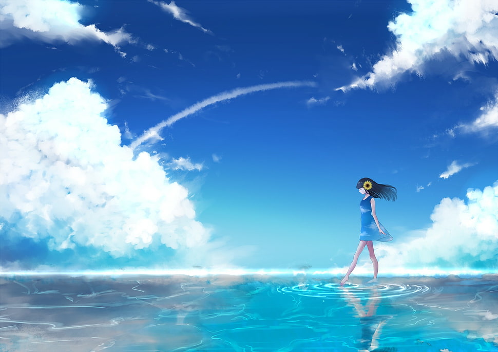 black-haired female anime character digital wallpaper, fantasy art, water, blue HD wallpaper