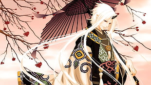 white haired man holding umbrella illustration HD wallpaper
