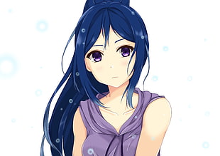 blue haired female anime character illustration, white background, Love Live!, Love Live! Sunshine, Matsuura Kanan