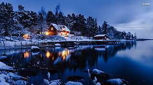 landscape, lake, cabin, winter
