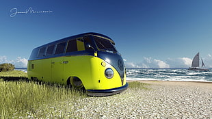 yellow and black Volkswagen bus, Volkswagen, beach, VW Kombi, yellow