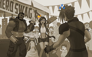 Final Fantasy character illustration, Final Fantasy VII, Cloud Strife, Tifa Lockhart, Barret Wallace