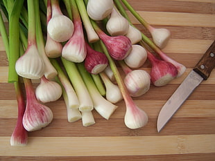 peeled spring onions near kitchen knife HD wallpaper