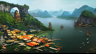 city on top of body of water near mountain digital wallpaper, anime, nature, ports, digital art HD wallpaper
