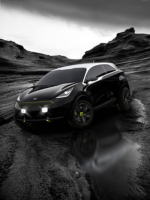 black Kia 5-door hatchback HD wallpaper