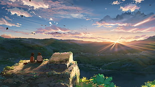 landscape painting with two persons sitting on edge of stone, Hoshi wo Ou Kodomo, sunset, anime
