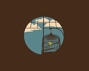 birdcage with yellow bird illustration, simple, minimalism, cages, birds