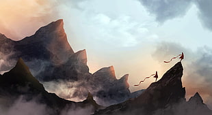silhouette of mountains painting, Journey (game), mountains, mist, couple