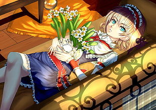 yellow haired girl Anime character holding flower