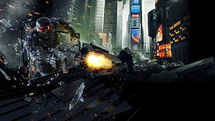 person in black and grey armor firing gun in New York Time Square digital wallpaper, Crysis 2, video games, computer