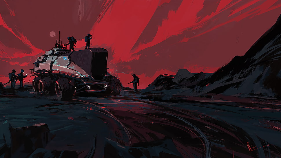 soldiers illustration, digital art, vehicle, Rover, red HD wallpaper