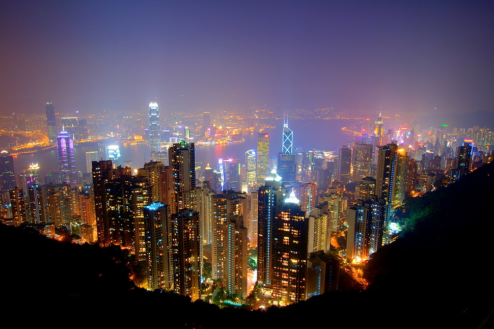 top view photo of lightened high rise buildings during night time, victoria peak, hong kong HD wallpaper