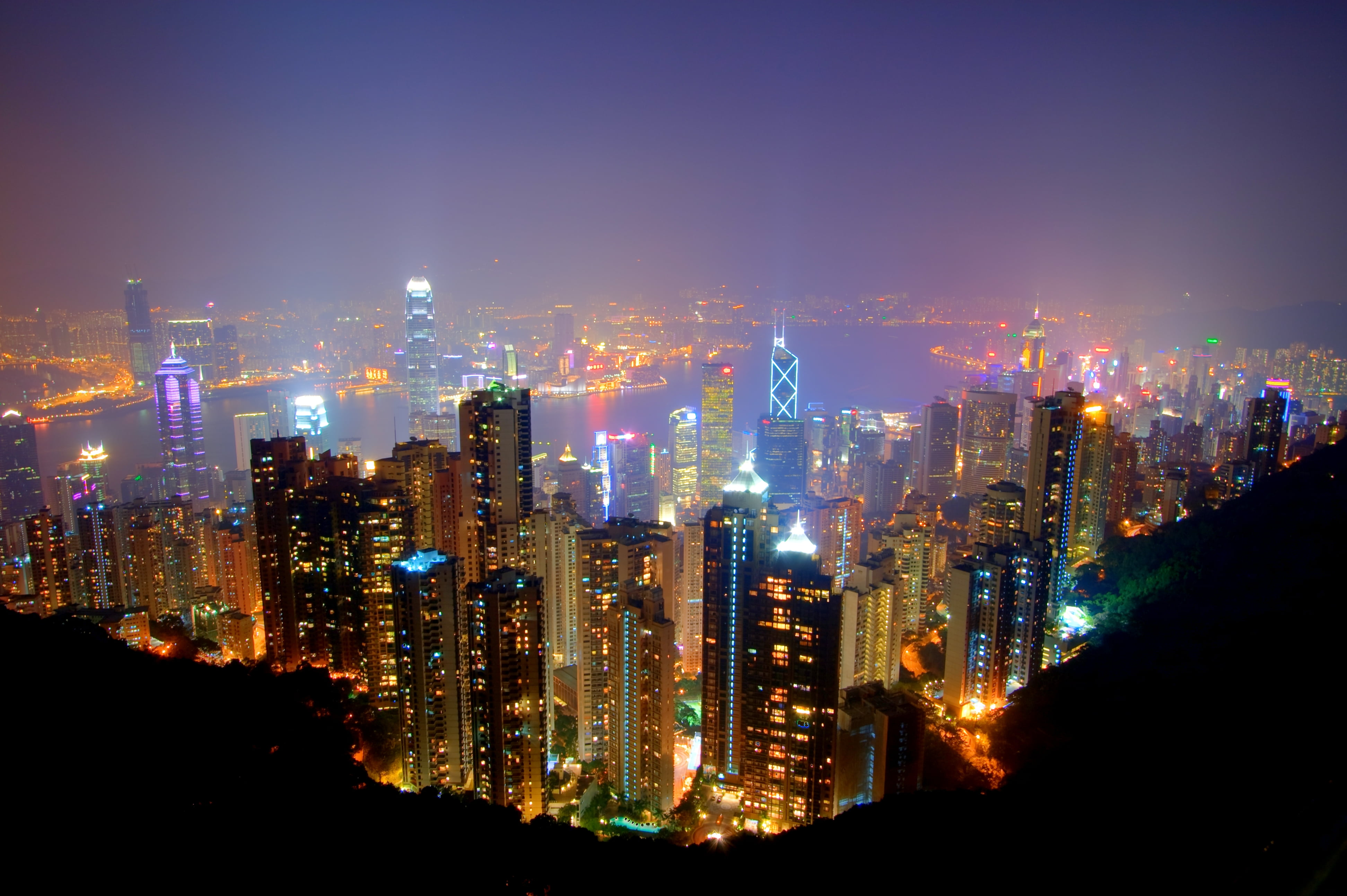 top view photo of lightened high rise buildings during night time, victoria peak, hong kong