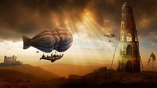 airshift balloon near castle painting, digital art, fantasy art, nature, painting
