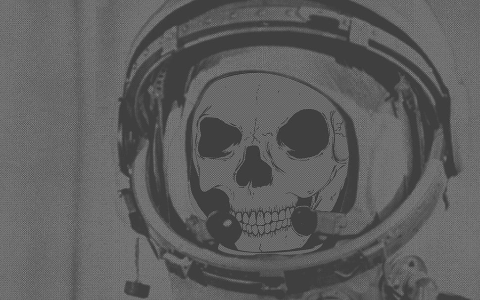 gray and black skull sketch, skull, space suit HD wallpaper