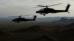two black helicopters, Boeing AH-64 Apache, AH-64 Apache, helicopters, military aircraft HD wallpaper