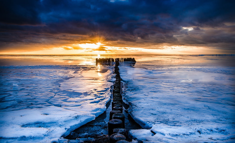 white snow, clouds, ice, landscape, sea HD wallpaper
