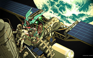 robot and astronaut on space satellite digital wallpaper, Hatsune Miku, Vocaloid, anime girls, twintails