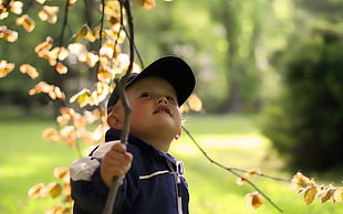 selective focus photography of boy wearing cap holding twig during daytime