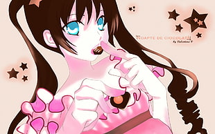 brown haired female animated illlustration eatting chocolate