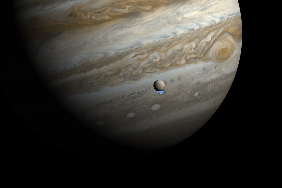gray and brown planet, Jupiter, planet, Moon, space HD wallpaper