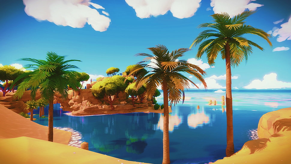body of water with green palm trees painting, video games, The Witness, artwork, sea HD wallpaper