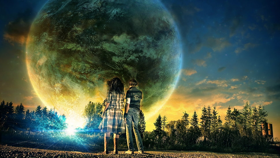 man and woman standing on ground near trees with full moon painting HD wallpaper
