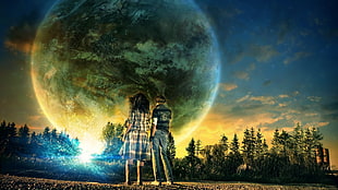 man and woman standing on ground near trees with full moon painting