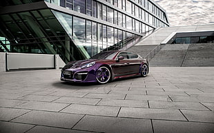 purple coupe parked on grey paver brick during daytime HD wallpaper