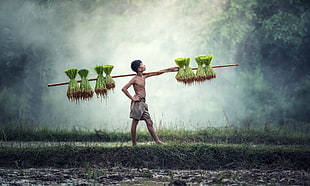 boy holding stick filled with rice grains