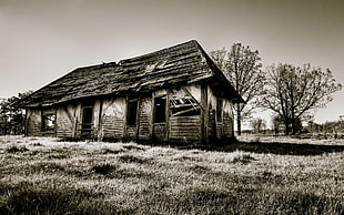 grayscale photo of deteriorated house