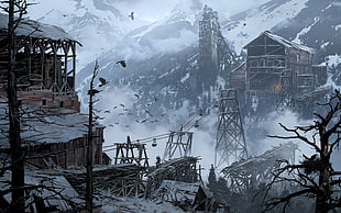 brown shed near mountains covered with snow, Tomb Raider, Rise of the Tomb Raider, video games, digital art