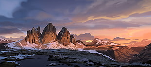 brown mountain, mountains, snow, sunset