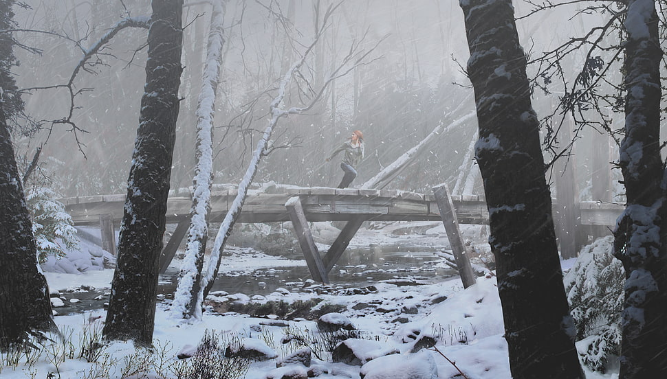 brown wooden dock, forest, winter, concept art, snow HD wallpaper