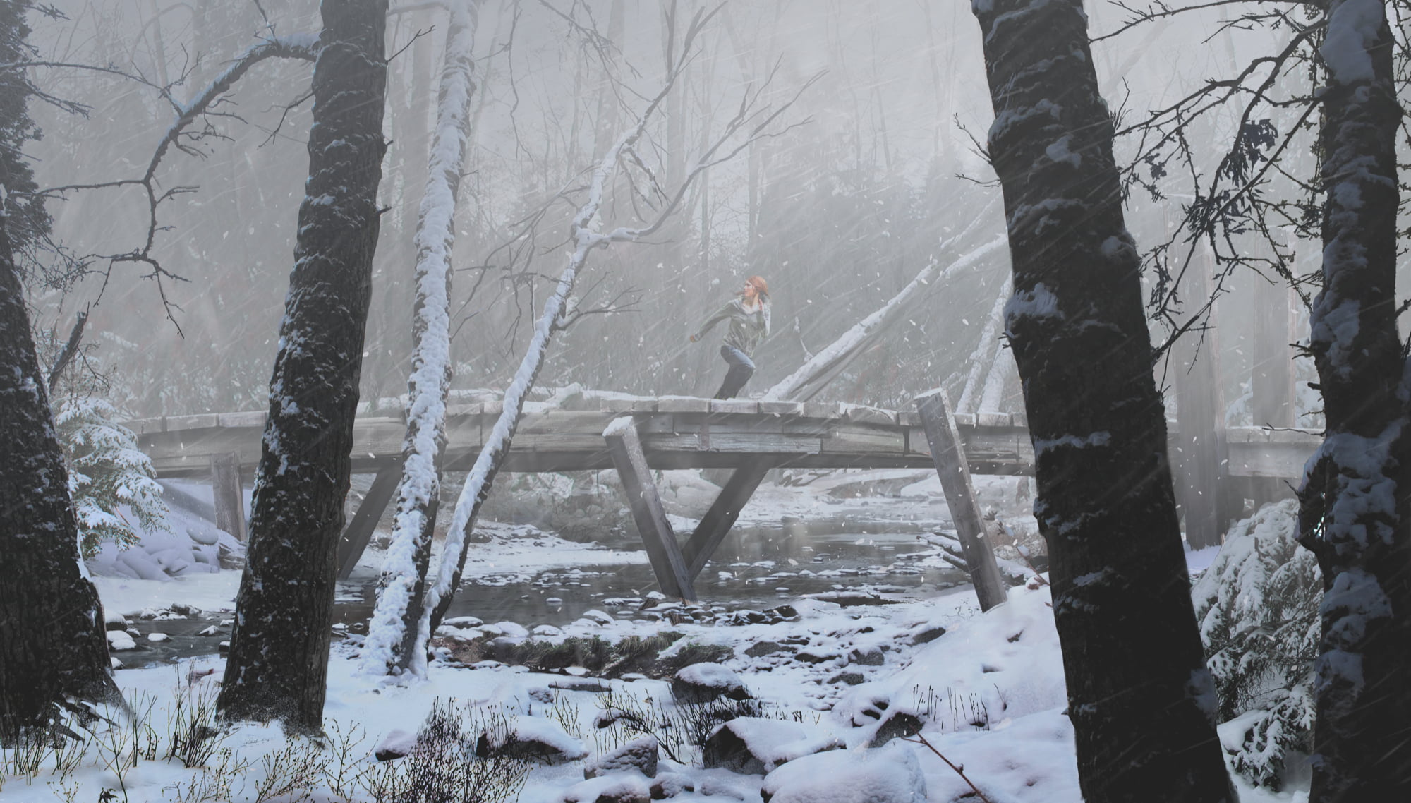 brown wooden dock, forest, winter, concept art, snow