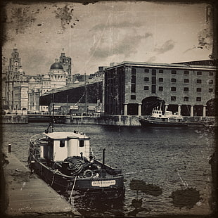 concrete building photo, ship, Liverpool, monochrome, dock