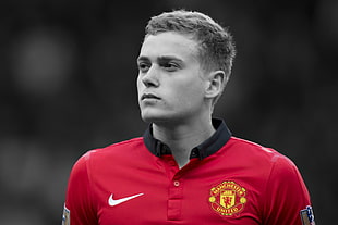 men's red and white polo shirt, Manchester United , selective coloring, James Wilson (footballer), men