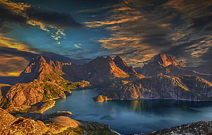 body of water, sunset, mountains, bay, island HD wallpaper